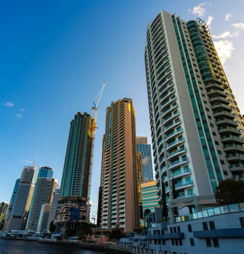 Panorama of brisbane cbd on sunset; skyscrapers and famous s